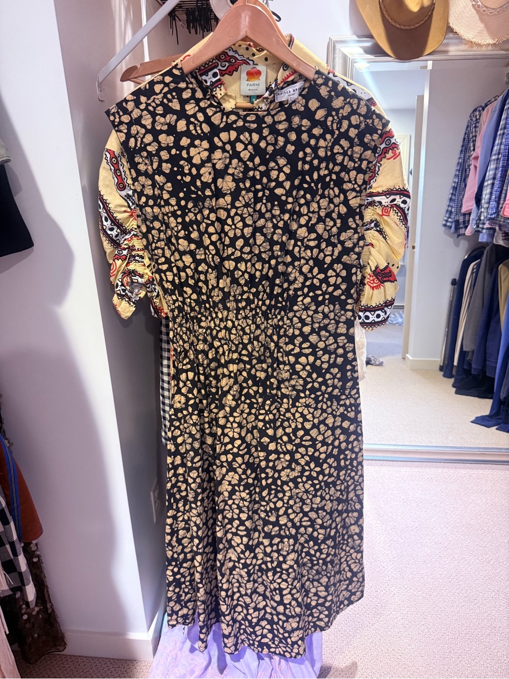 Apiece Apart Black and Yellow Patterned Maxi Dress with Printed Sleeves
